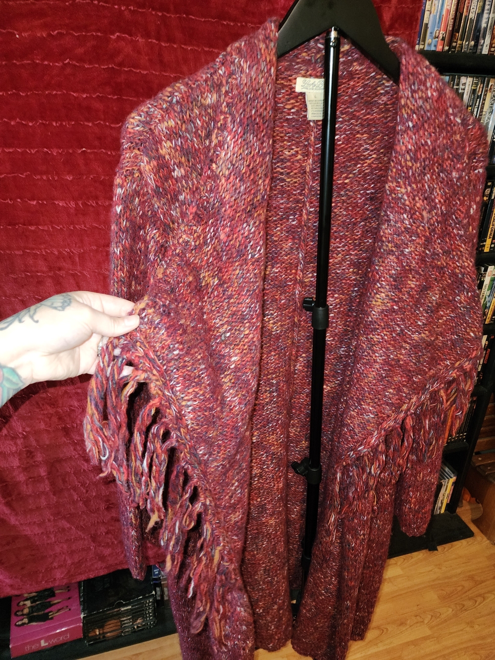 Lucky Brand Multicolor Red Fringe Open-Front Cape Cardigan
